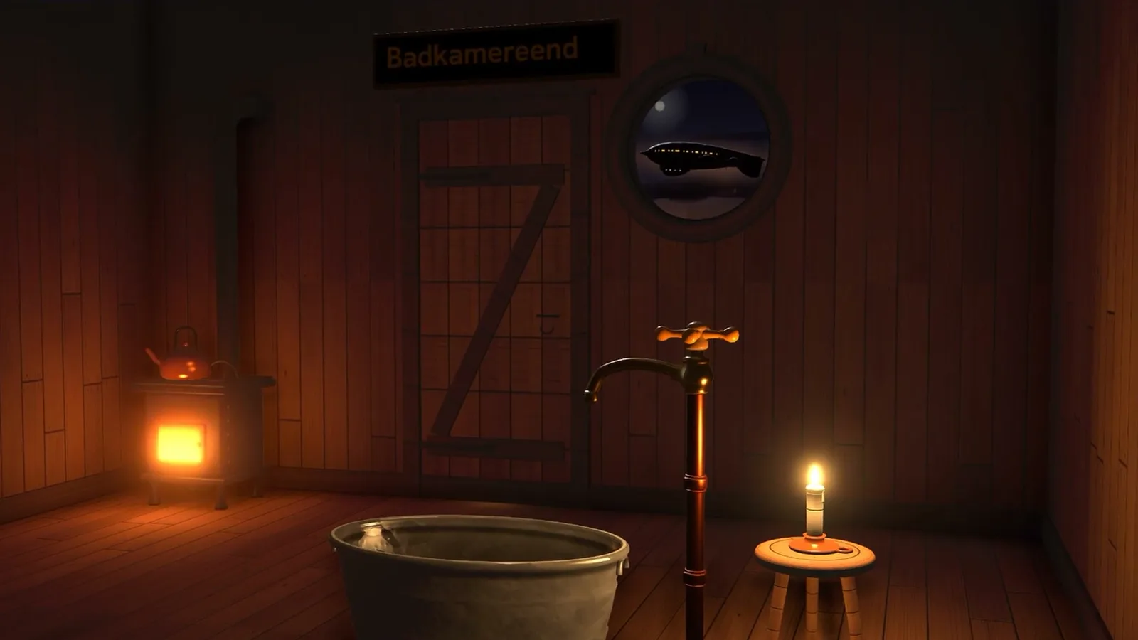 Voor de kraan opengaat: een houten wasruimte bij kaarslicht met een zinken tobbe en een kachel