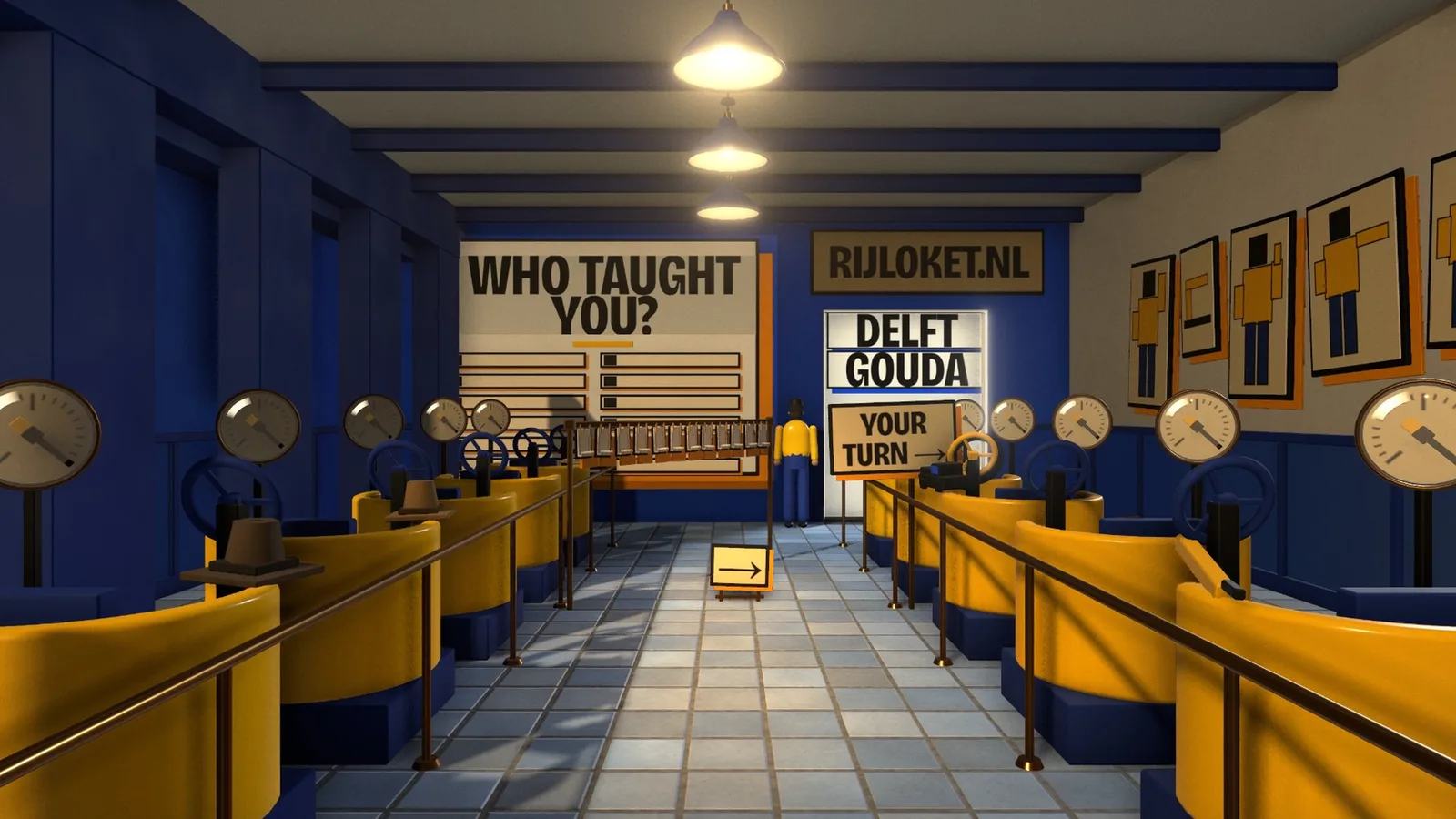 Lange hal in blauw en geel met testcabines, meters aan de muur en een bord Who taught you?