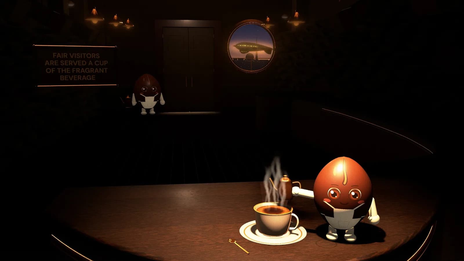 Donkere koffiebar waar een koffieboon-mascotte een kop koffie inschenkt