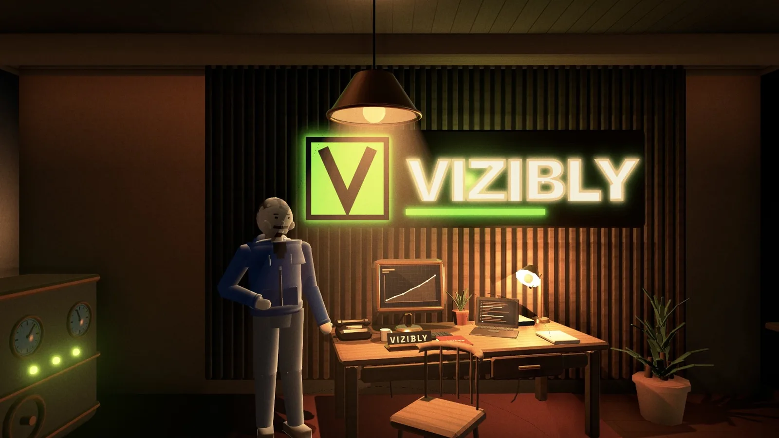 Werkkamer met een bureau, een lamp, het Vizibly-logo in neon aan de muur en een figuur in een blauw jasje