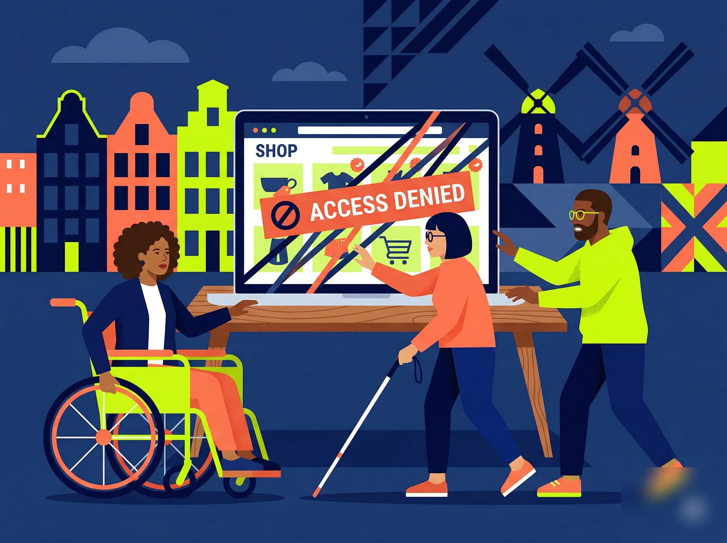 Illustratie van mensen met een beperking die een webshop proberen te gebruiken