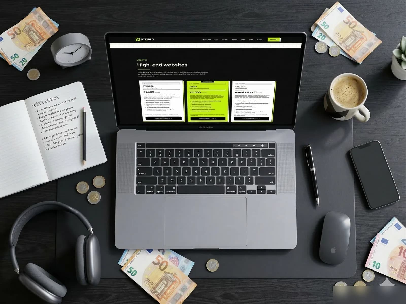 Laptop met website prijzen op scherm omringd door eurobiljetten, wat kost een website laten maken