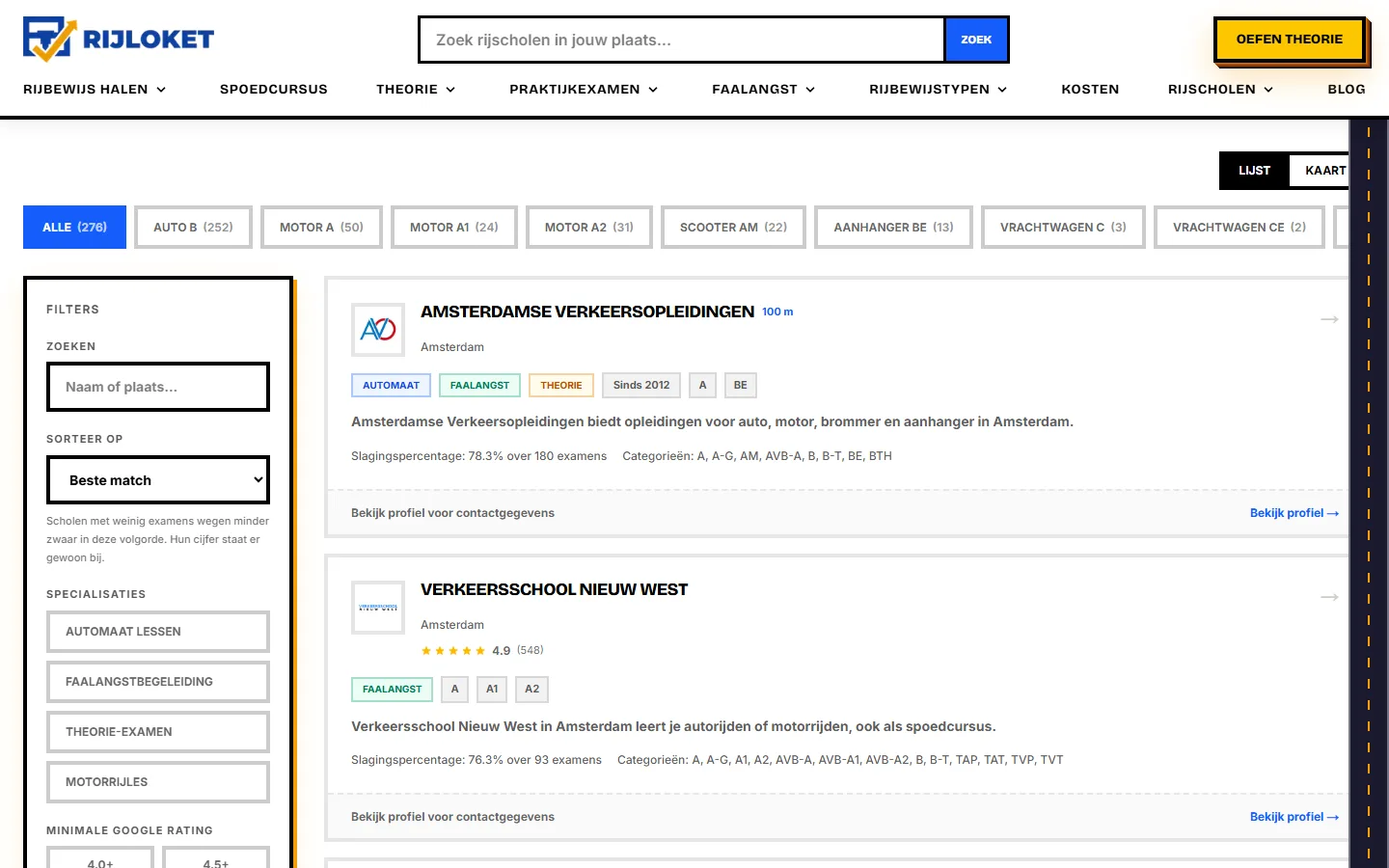 De rijschool-zoeker van Rijloket voor Amsterdam, met filters en slagingspercentages per school