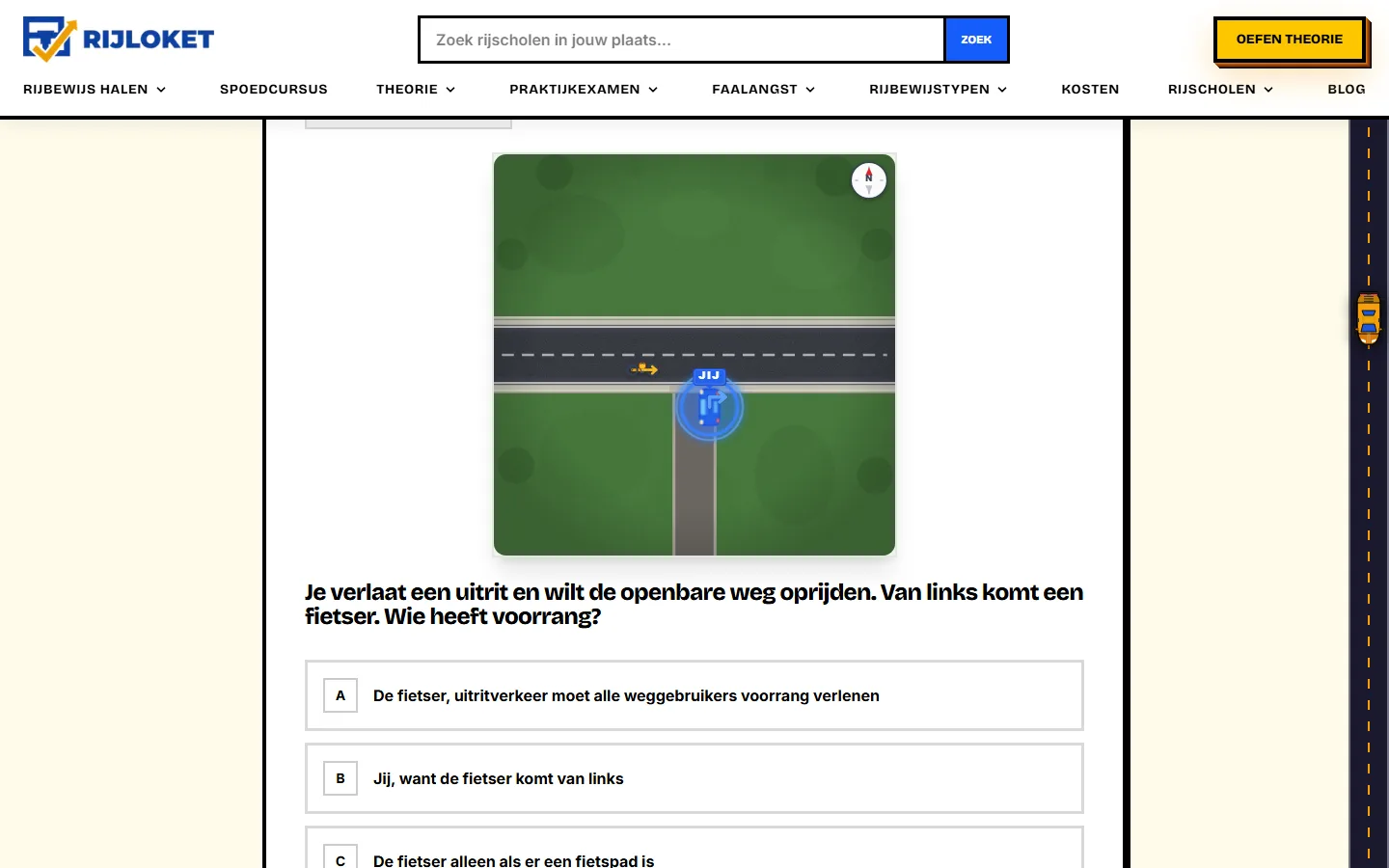 Een oefenvraag uit de theorie-quiz van Rijloket, met situatietekening en meerkeuze-antwoorden