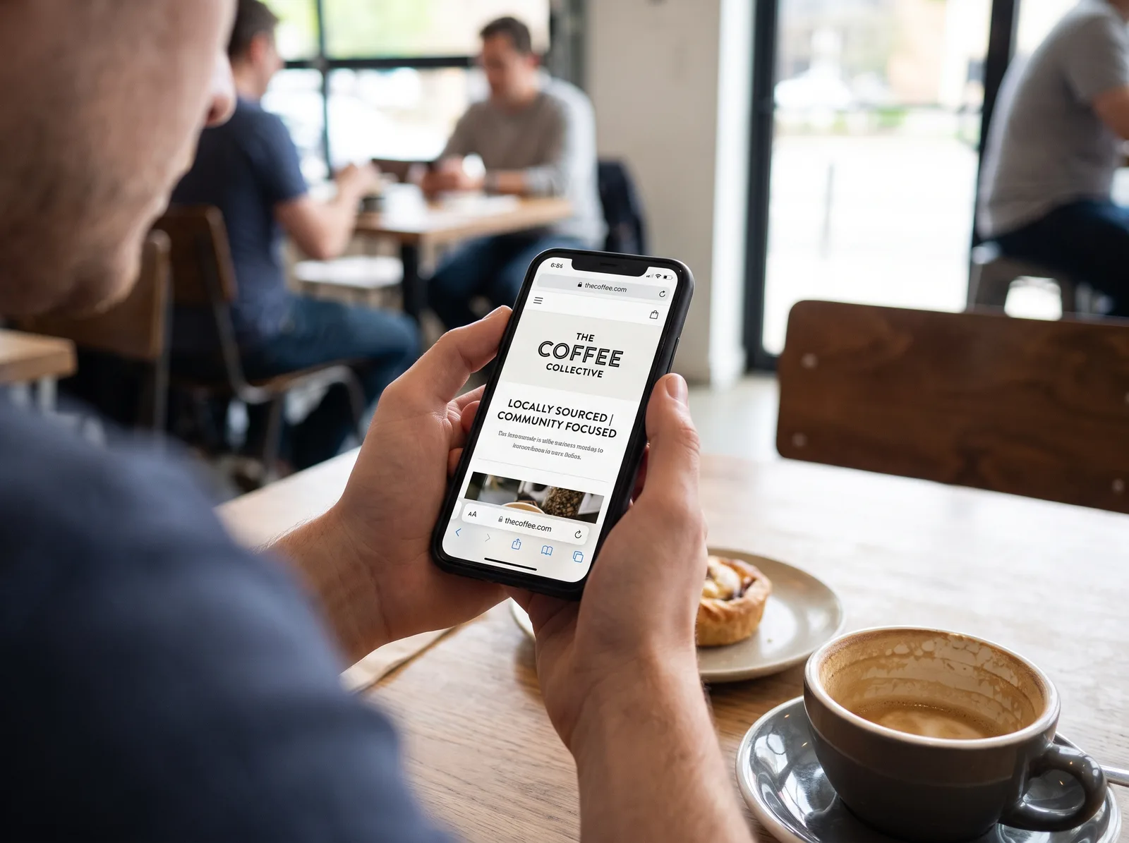 Klant bekijkt een website op zijn telefoon in een café