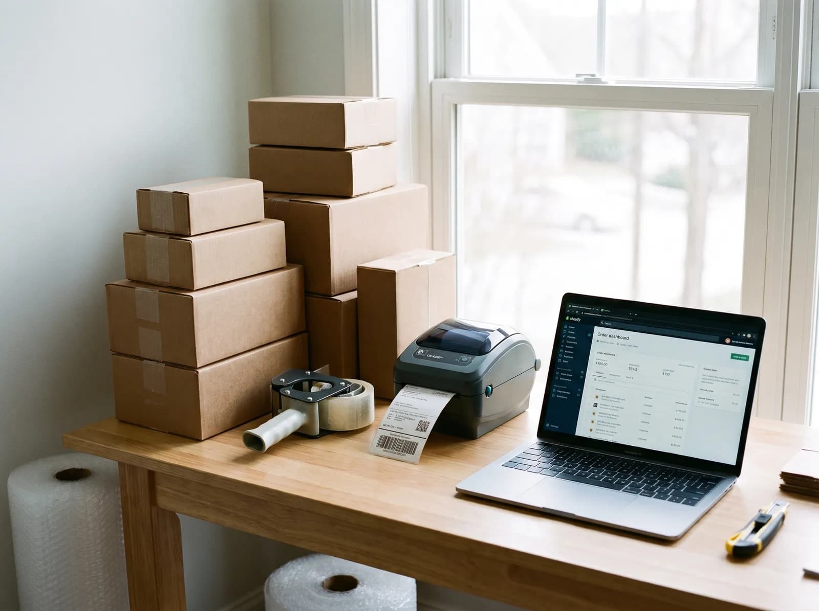 Verzendklare pakketten op de inpaktafel van een webshop