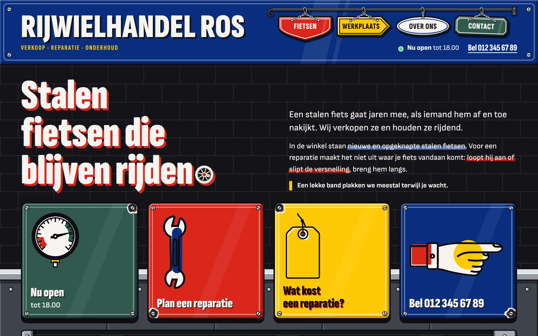 De bovenkant van de site in donkere modus: een witte kop op een zwarte tegelwand boven vier gekleurde borden