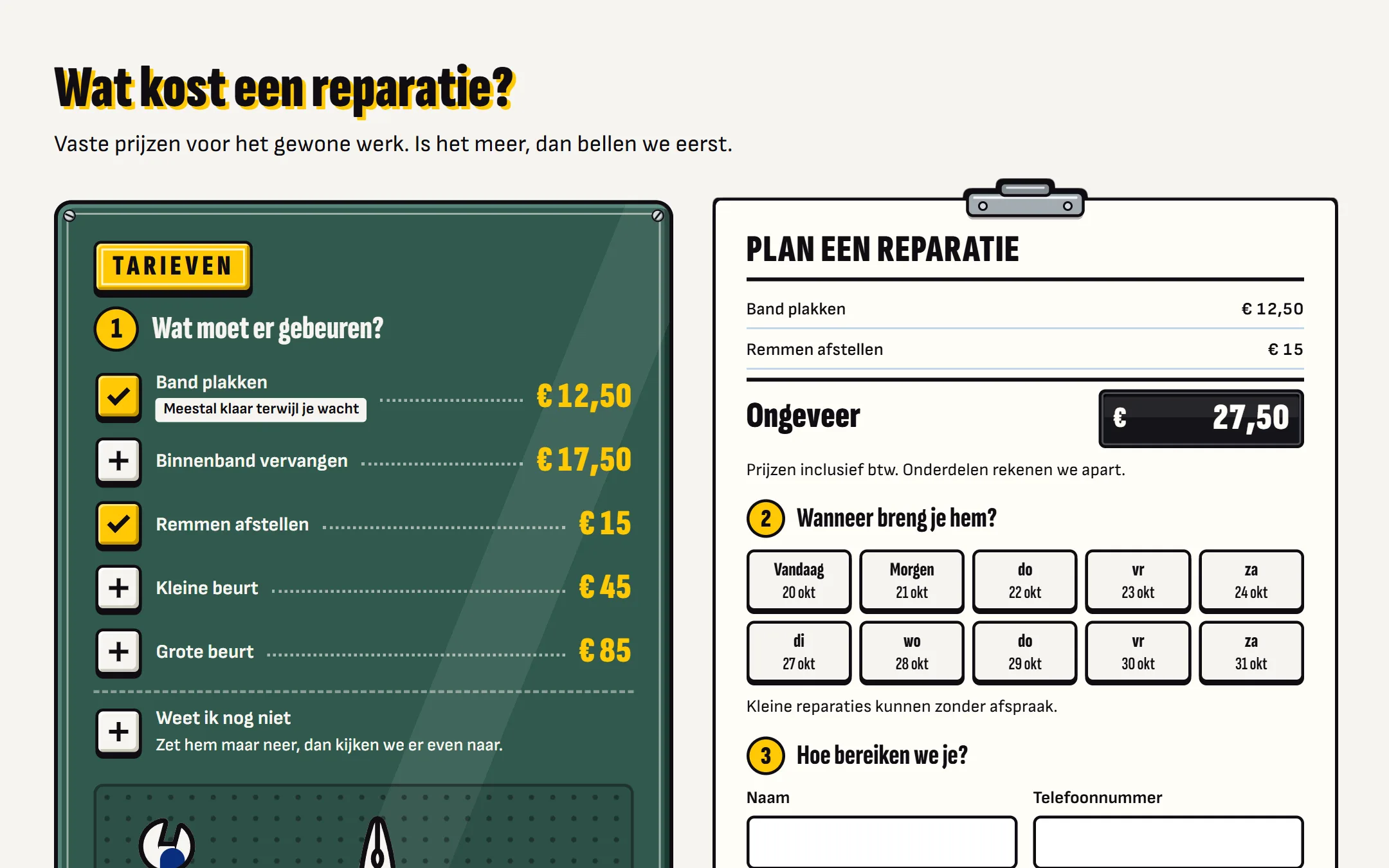 Groen tarievenbord met twee aangevinkte reparaties, naast een werkbon die het totaal optelt