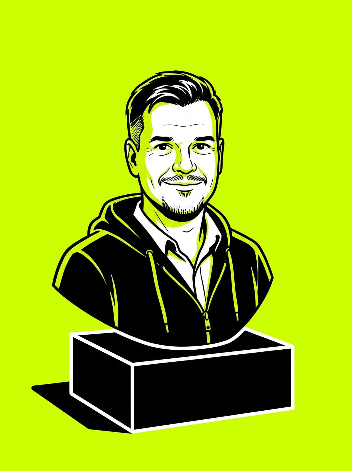 Getekende buste van Roy van Vizibly op een zwart blok