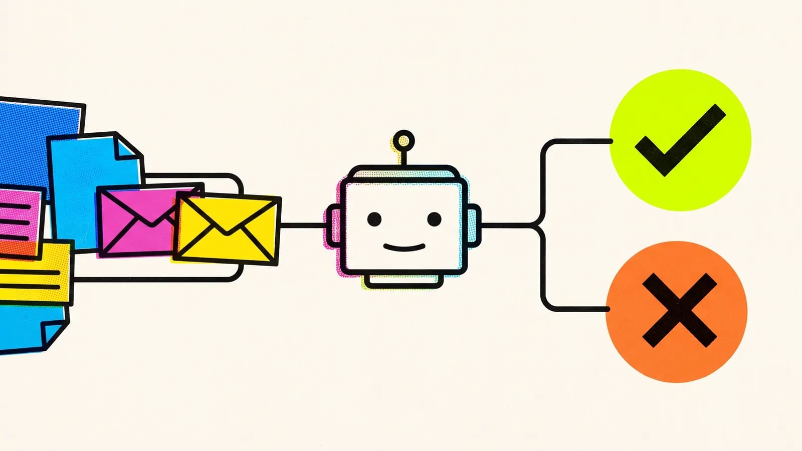 Kleurrijke illustratie van een robotkop die binnenkomende brieven en documenten sorteert naar een groen vinkje of een oranje kruis