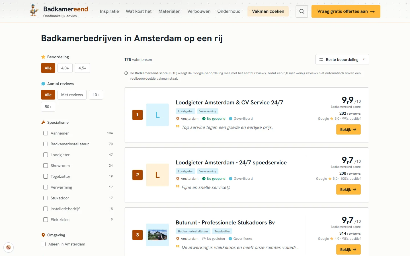 Het overzicht van badkamerbedrijven in Amsterdam op Badkamereend, met filters en een score per bedrijf
