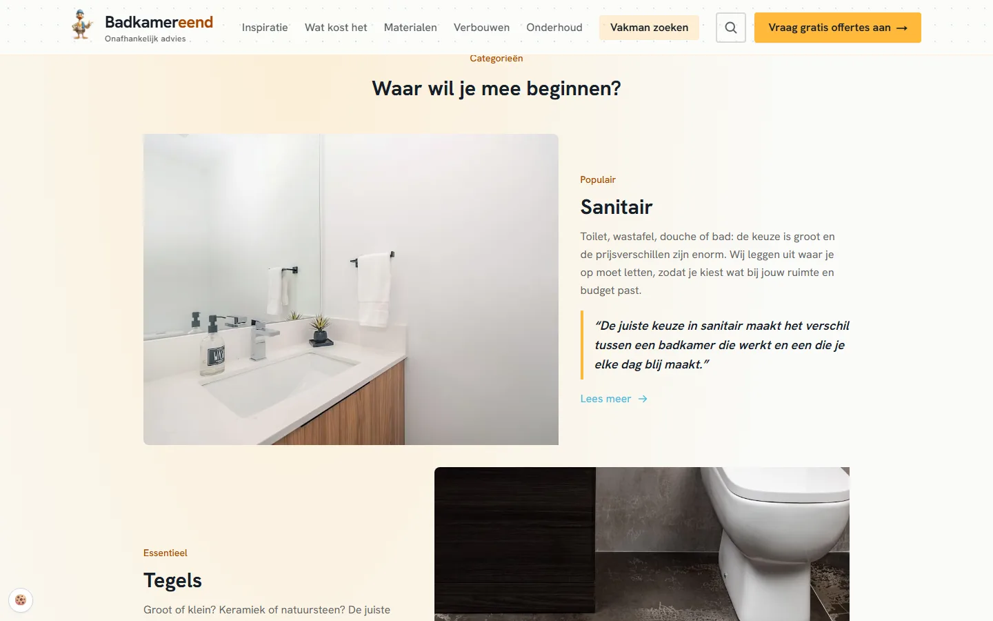 De keuzegidsen van Badkamereend, met de categorie sanitair bovenaan
