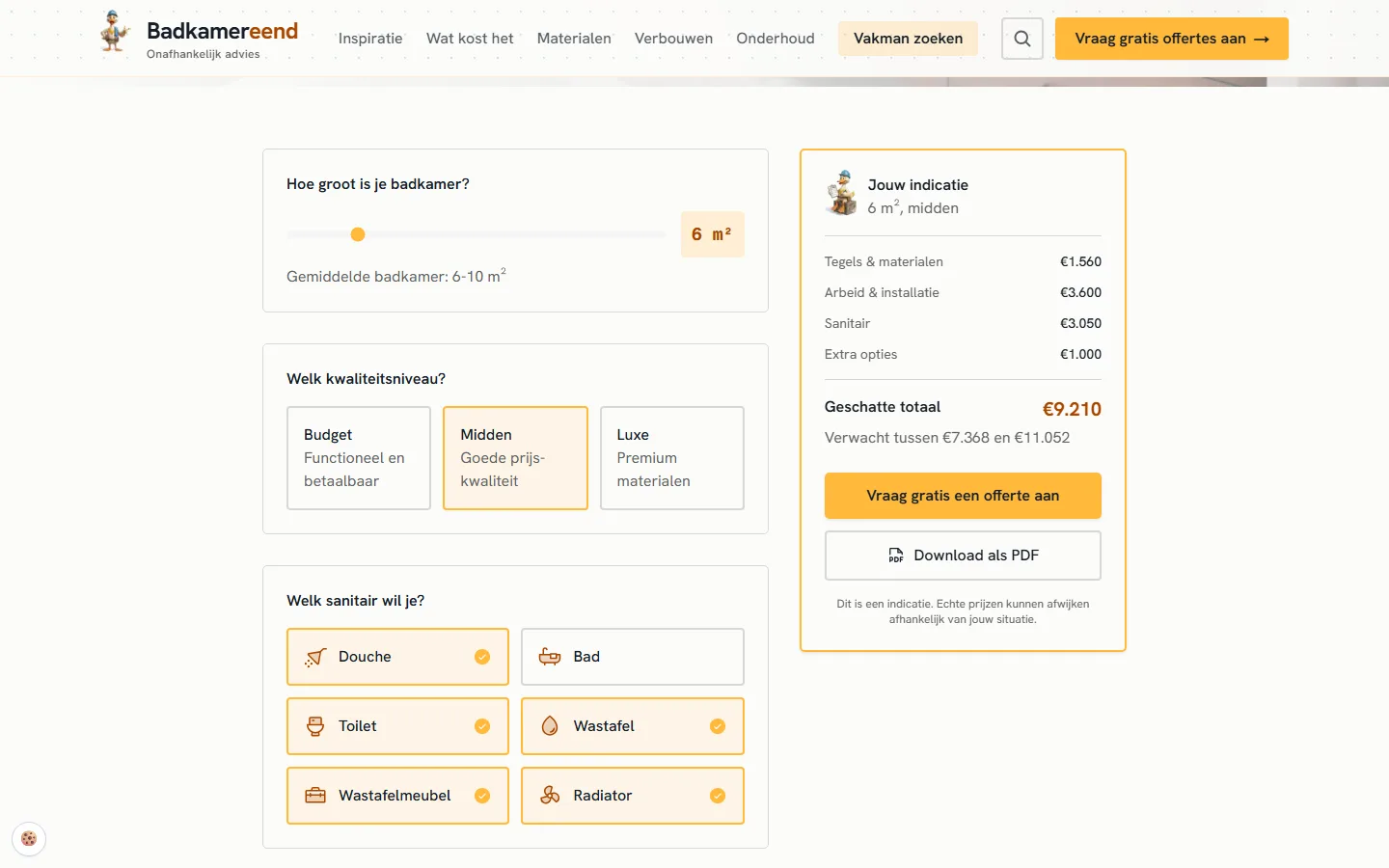 De kostencalculator van Badkamereend: oppervlak, kwaliteitsniveau en sanitair, met de geschatte totaalprijs rechts