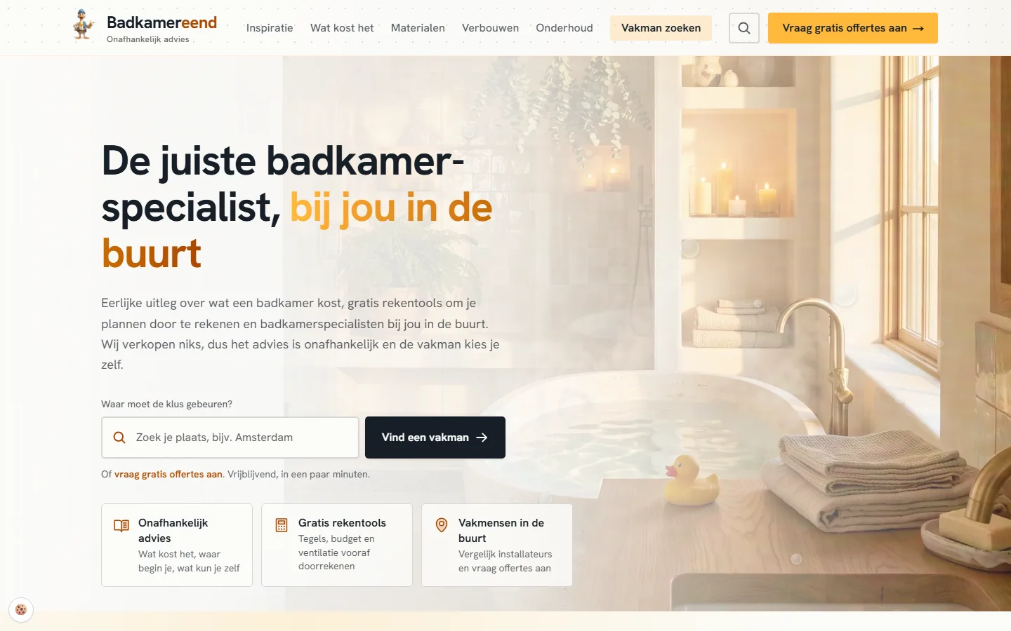 De homepage van Badkamereend met het zoekveld voor een vakman in de buurt - desktop versie
