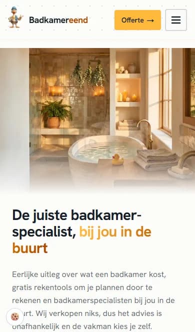 De homepage van Badkamereend met het zoekveld voor een vakman in de buurt - mobiele versie