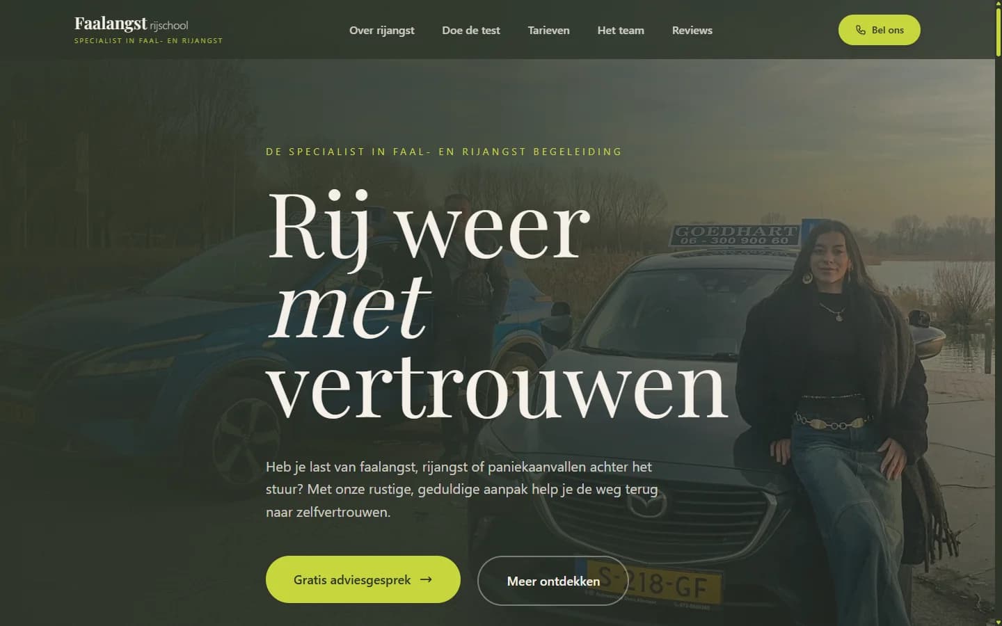 Website van Faalangst Rijschool op desktop en mobiel, desktopversie