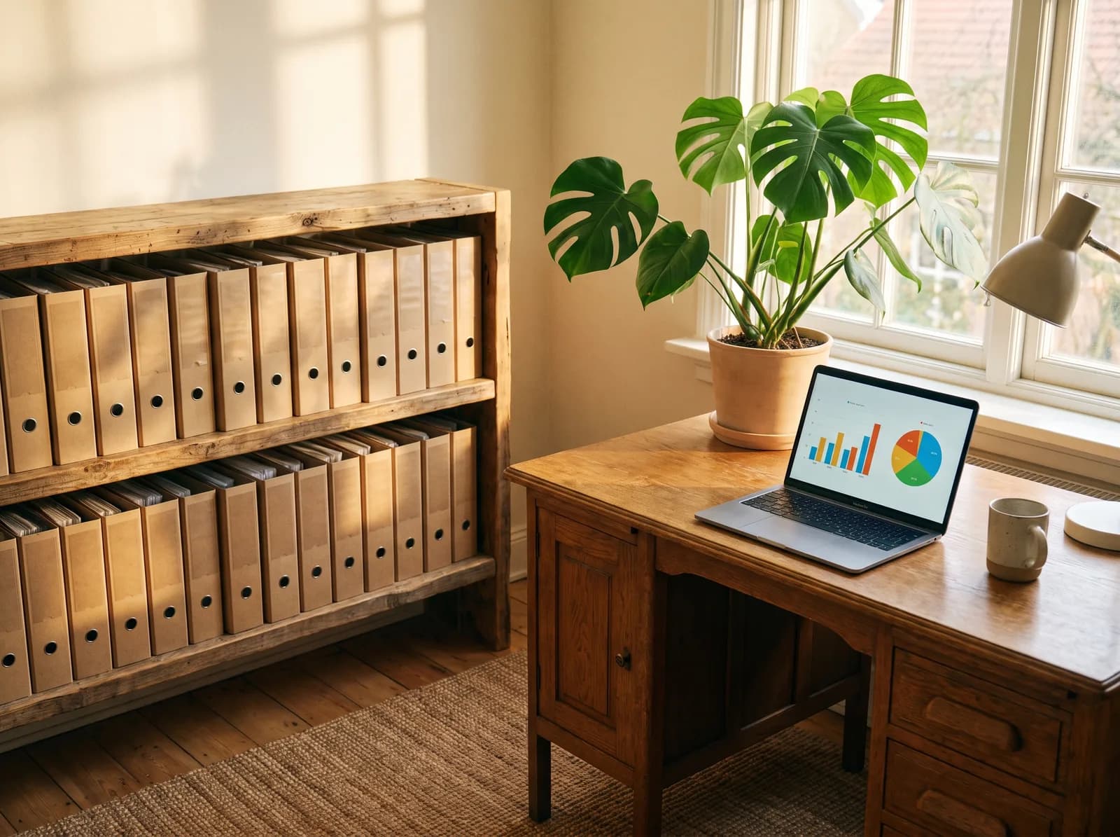 Kantoor van een boekhouder met ordners en een laptop met grafieken