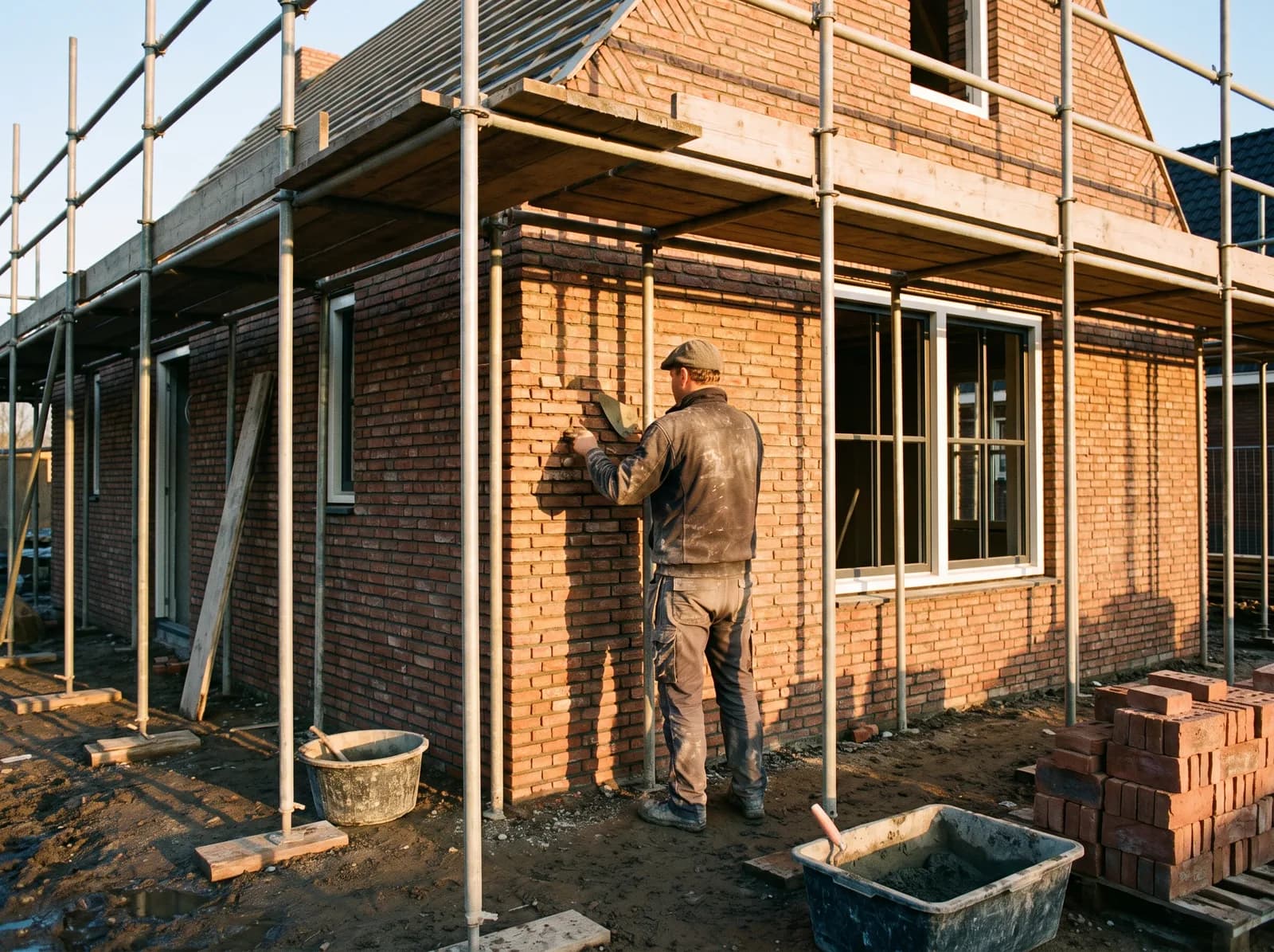 Metselaar aan het werk op een steiger bij een huis in aanbouw