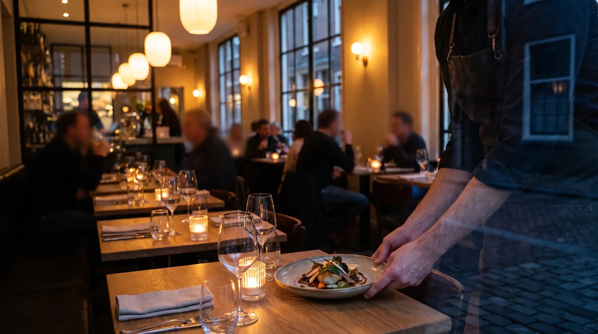 Sfeerbeeld van een restaurant in de avond, de gasten aan tafel