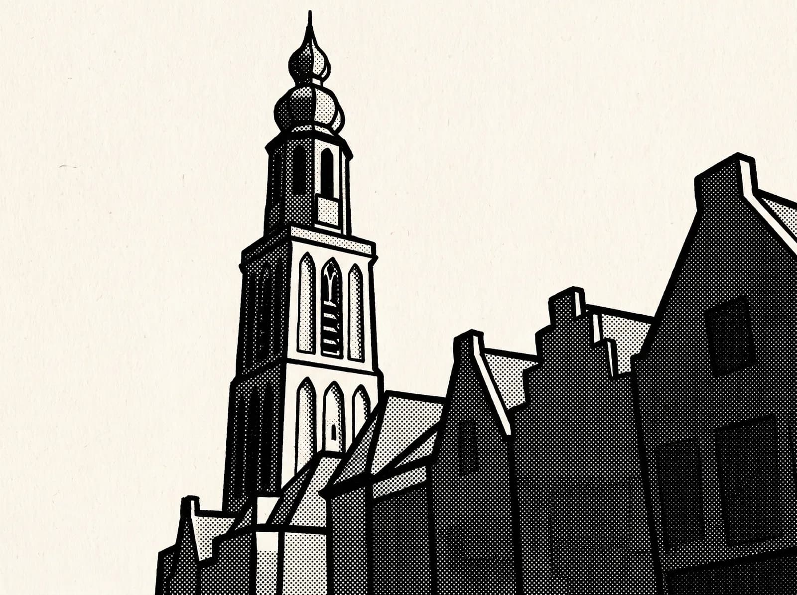 Illustratie van de Lange Jan, de abdijtoren van Middelburg, boven de daken van de binnenstad