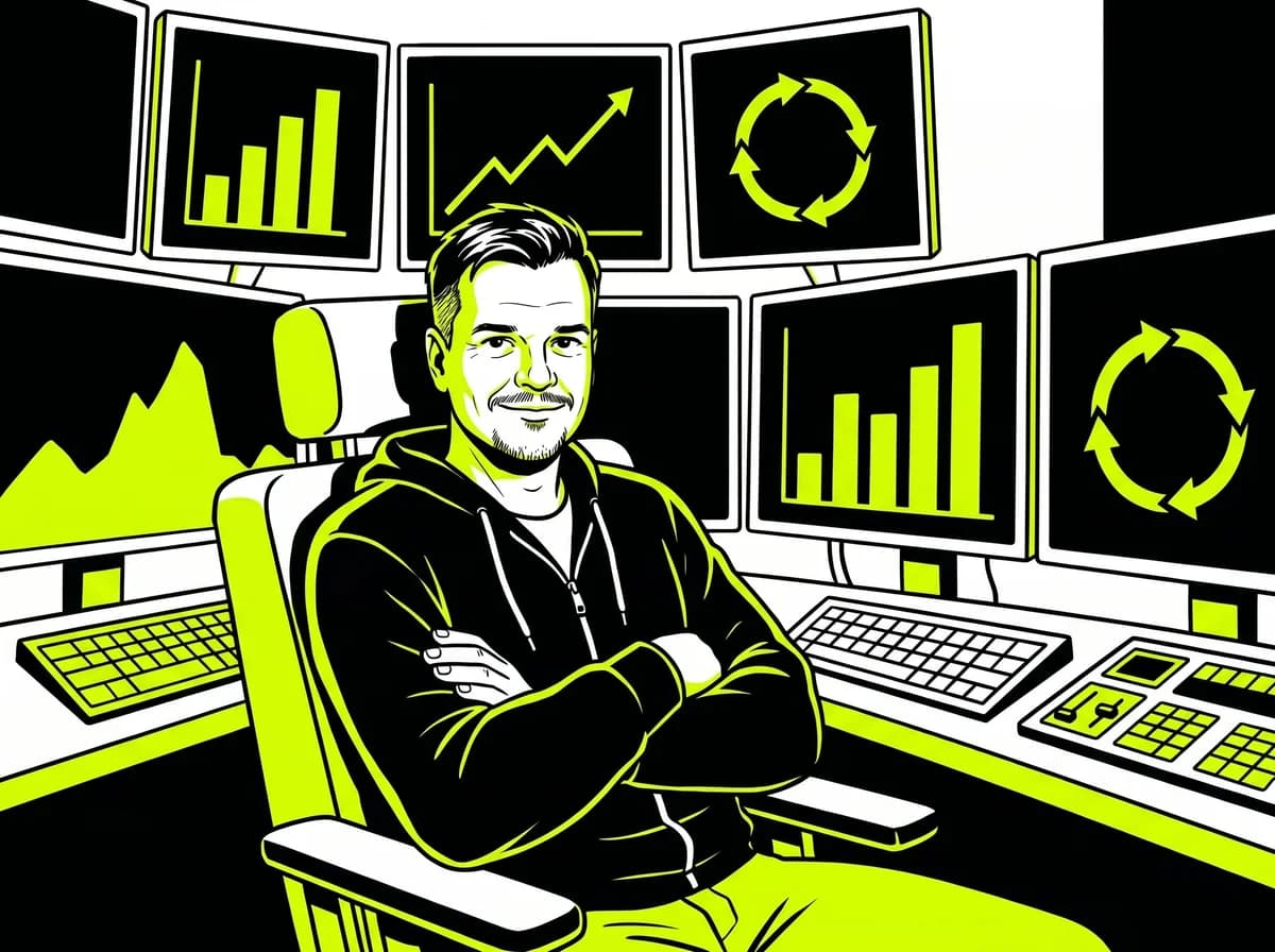 Getekend portret van Roy in zijn controlekamer, met de data van het systeem op de schermen achter hem